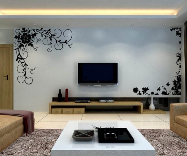 interior-design-for-living-room-walls-ceiling-light-wool-shag-rug-led-tv-drawer-cabinets-wall-ornaments-gold-brown-reclining-sofa-white-coffee-table-cushions-pottery-wooden